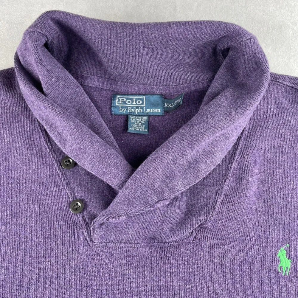 VTG Polo Ralph Lauren Sweatshirt Men XXLT Purple Green Shawl Collar Pullover Y2K